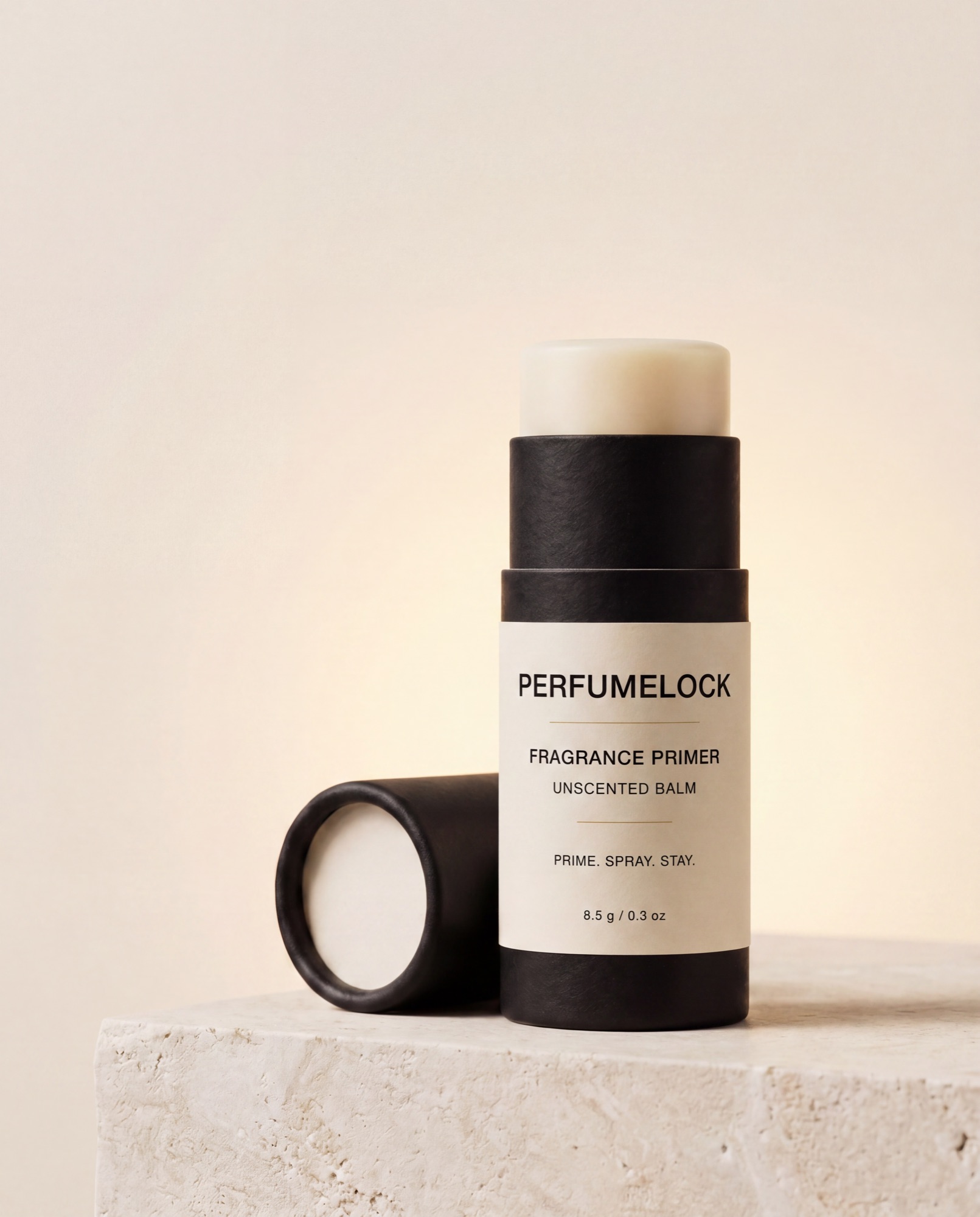 PerfumeLock push-up stick with its cap, ivory balm exposed